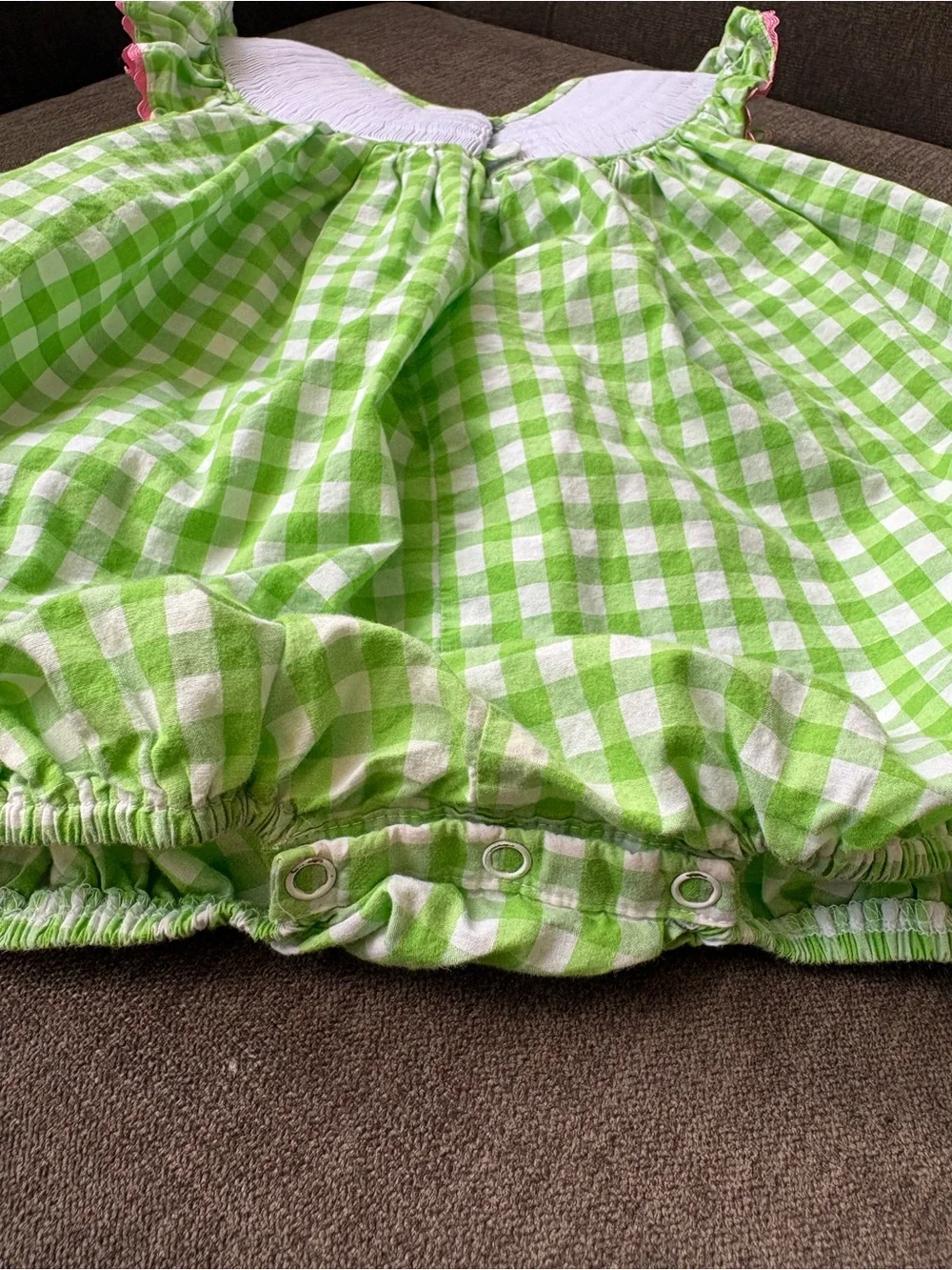 Green Gingham Baby One-Piece with Colorful Fish Embroidery